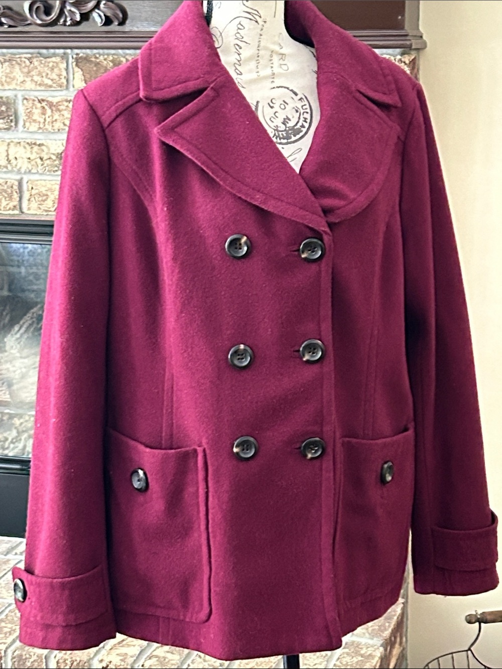 St. John's Bay Double-Breasted Peacoat in Deep Wine